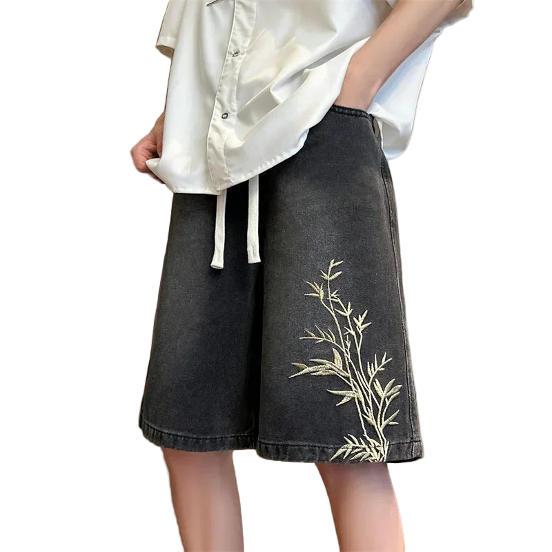 Men Embroidered Vintage Denim Jorts Streetwear