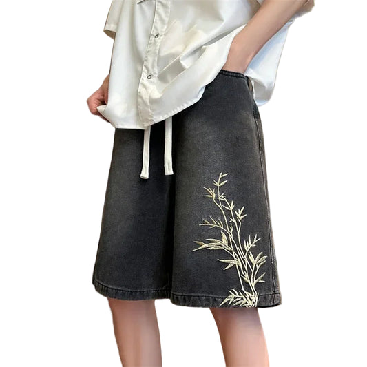 Men Embroidered Vintage Denim Jorts Streetwear