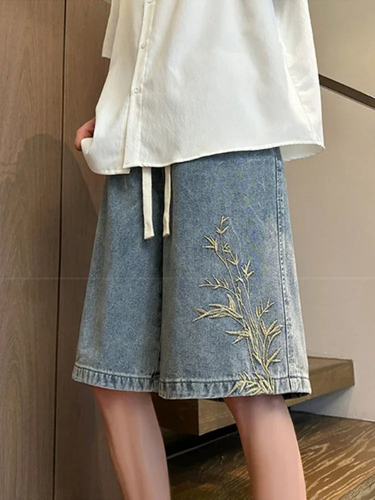 Men Embroidered Vintage Denim Jorts Streetwear