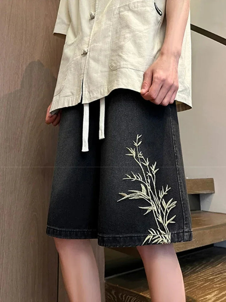 Men Embroidered Vintage Denim Jorts Streetwear